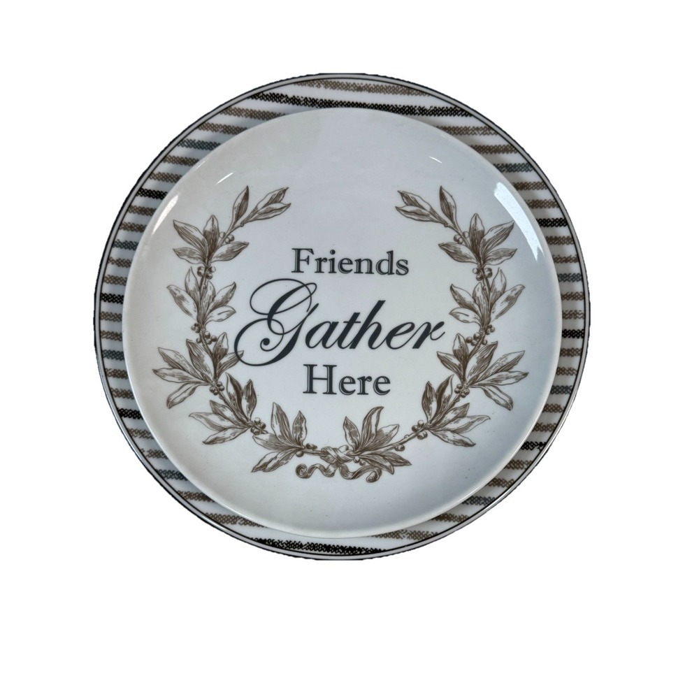 Fitz & Floyd Farmstead Home 4 Dinner Plate & FRIENDS GATHER HERE 4 Salad Plate